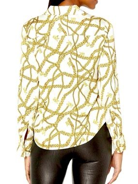 π§΅ MICHAEL KORS Old Money Baroque Gold Chain Print Blouse Button Up Satin Sz S